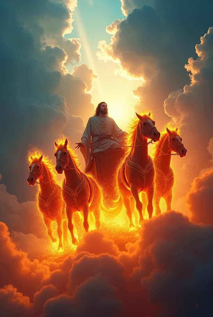 A captivating and visually stunning thumbnail for YouTube showing the prophet Elijah ascending to the heavens in a fiery chariot with horses. The scene is ultra-realistic, with dramatic contrast in the colors. The chariot and horses are ablaze with vibrant flames, surrounded by clouds with rays of divine light breaking through. Elijah is depicted with flowing robes as he ascends. The background includes a rich, deep blue sky with hints of orange and red from the flames, creating a strong contrast. Add an attractive and curiosity-inducing text overlay in bold, contrasting colors that draw attention. 8k