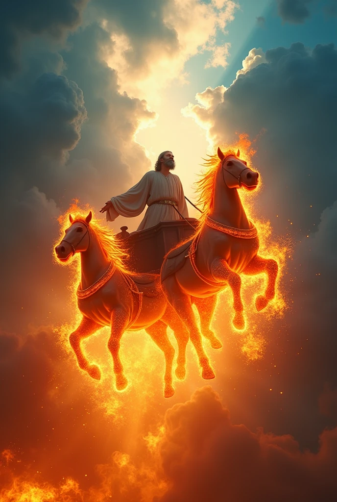 A captivating and visually stunning thumbnail for YouTube showing the prophet Elijah ascending to the heavens in a fiery chariot with horses. The scene is ultra-realistic, with dramatic contrast in the colors. The chariot and horses are ablaze with vibrant flames, surrounded by clouds with rays of divine light breaking through. Elijah is depicted with flowing robes as he ascends. The background includes a rich, deep blue sky with hints of orange and red from the flames, creating a strong contrast. Add an attractive and curiosity-inducing text overlay in bold, contrasting colors that draw attention. 8k
