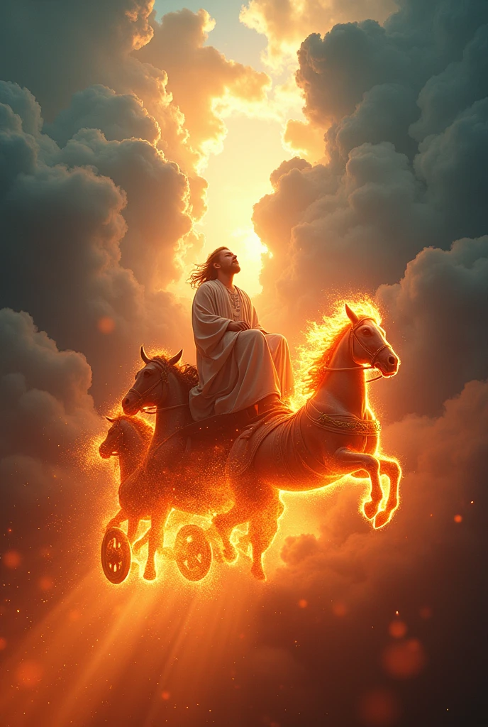 A captivating and visually stunning thumbnail for YouTube showing the prophet Elijah ascending to the heavens in a fiery chariot with horses. The scene is ultra-realistic, with dramatic contrast in the colors. The chariot and horses are ablaze with vibrant flames, surrounded by clouds with rays of divine light breaking through. Elijah is depicted with flowing robes as he ascends. The background includes a rich, deep blue sky with hints of orange and red from the flames, creating a strong contrast. Add an attractive and curiosity-inducing text overlay in bold, contrasting colors that draw attention. 8k