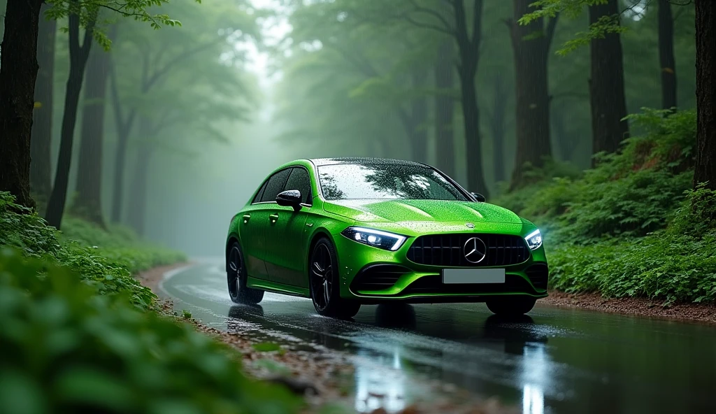 Mercedes benz a 200, green colour on the road of forest with rain