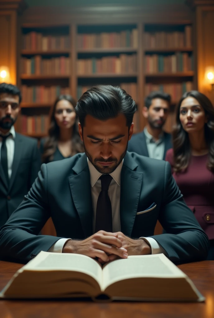 Make a cinematic , realistic image of Pakistani Handsome guy with clean face wearing a suit.
Explore the Books in library.behind him in a shocking audience giving thier reactions .he is sitting and still reading the book.4k aspect ratio of 16:9 

