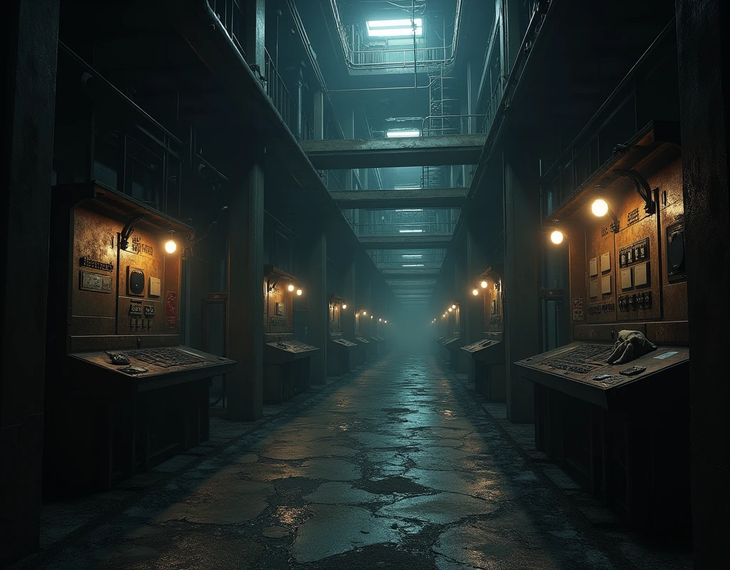 Plusieurs couloirs lugubre ainsi que plusieurs salle des machines avec des éléments telle que des chaudière, des tableaux électriques et toute sorte d'éléments industriels.