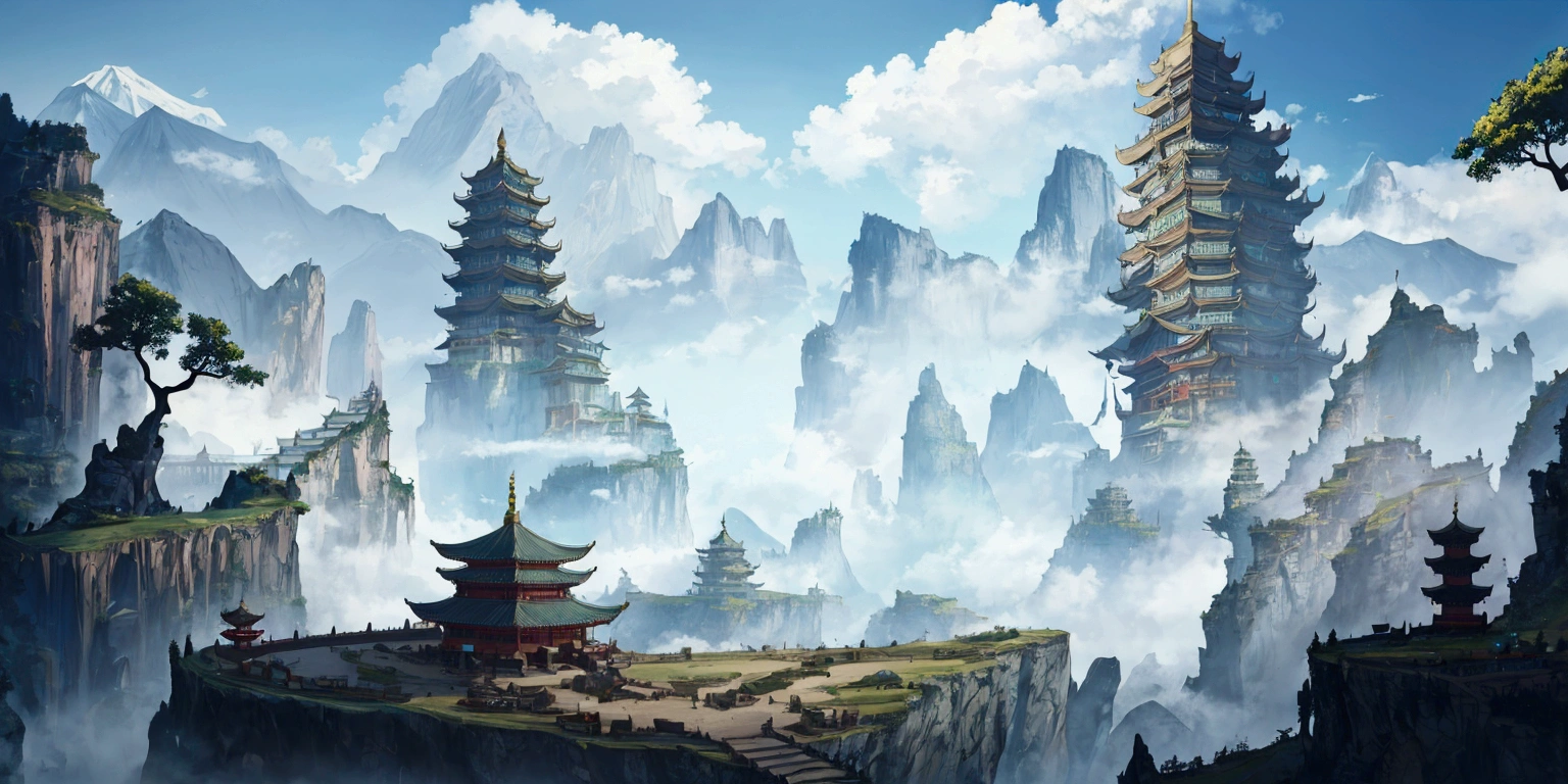 there is a picture of a mountain with a pagoda in the middle, g liulian art style, avatar landscape, background artwork, dota matte painting concept art, dota! matte painting concept art, temple background, ancient city landscape, game art matte painting, anime landscape wallpaper, floating lands in-clouds, detailed scenery —width 672, anime landscape, chinese fantasy