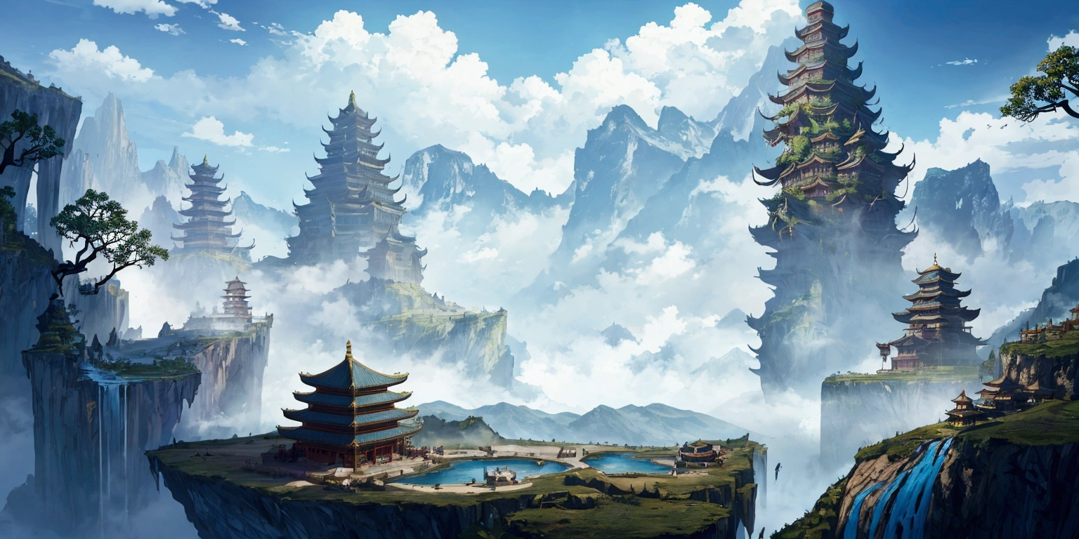 there is a picture of a mountain with a pagoda in the middle, g liulian art style, avatar landscape, background artwork, dota matte painting concept art, dota! matte painting concept art, temple background, ancient city landscape, game art matte painting, anime landscape wallpaper, floating lands in-clouds, detailed scenery —width 672, anime landscape, chinese fantasy