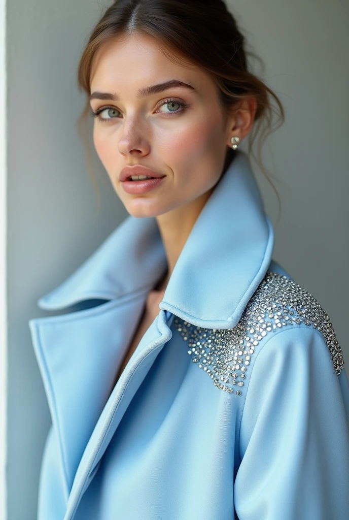 European woman model wearing light blue coat with rhinestones on the edges