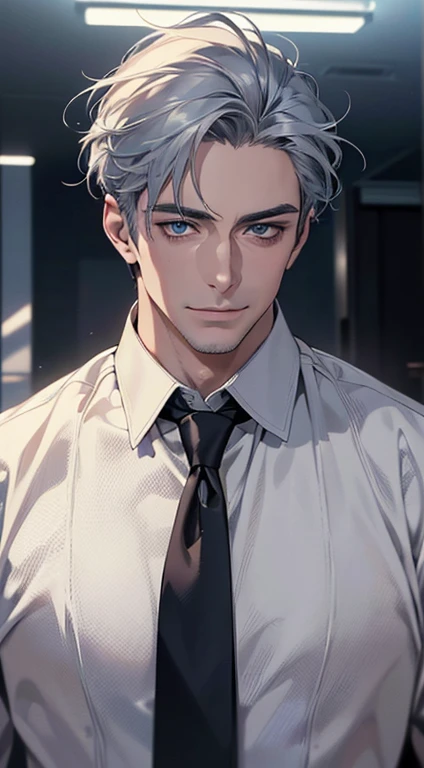 (best quality,4k,8k,highres,masterpiece:1.2),ultra-detailed,(realistic,photorealistic,photo-realistic:1.37),1 man,3,mature man,very handsome,without expression,smile,short grey blue hair,blue eyes,penetrating gaze,perfect face without errors,imposing posture,businessman,office background,cinematic lighting,hdr image
