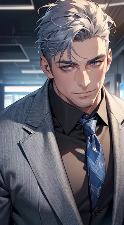 (best quality,4k,8k,highres,masterpiece:1.2),ultra-detailed,(realistic,photorealistic,photo-realistic:1.37),1 man,3,mature man,very handsome,without expression,smile,short grey blue hair,blue eyes,penetrating gaze,perfect face without errors,imposing posture,businessman,office background,cinematic lighting,hdr image