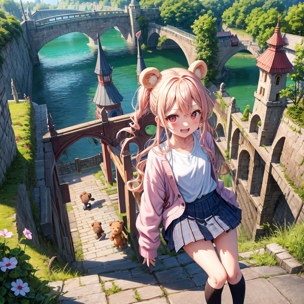 Pink Blonde、Red eyes、Wavy Hair、Hair tied up、Two cute、Checked mini skirt、black t-shirts、cardigan、Knee-high socks、bear ears baseball cap、Teeth are visible、Monster Castle、Tilting face、crossing the bridge、hazakura、windmill、grass、Stones are growing out of the ground.、A teddy bear is walking、Morning glory is blooming.、In front of the city gates、clock、Underground tunnels、Waterway、Small boat