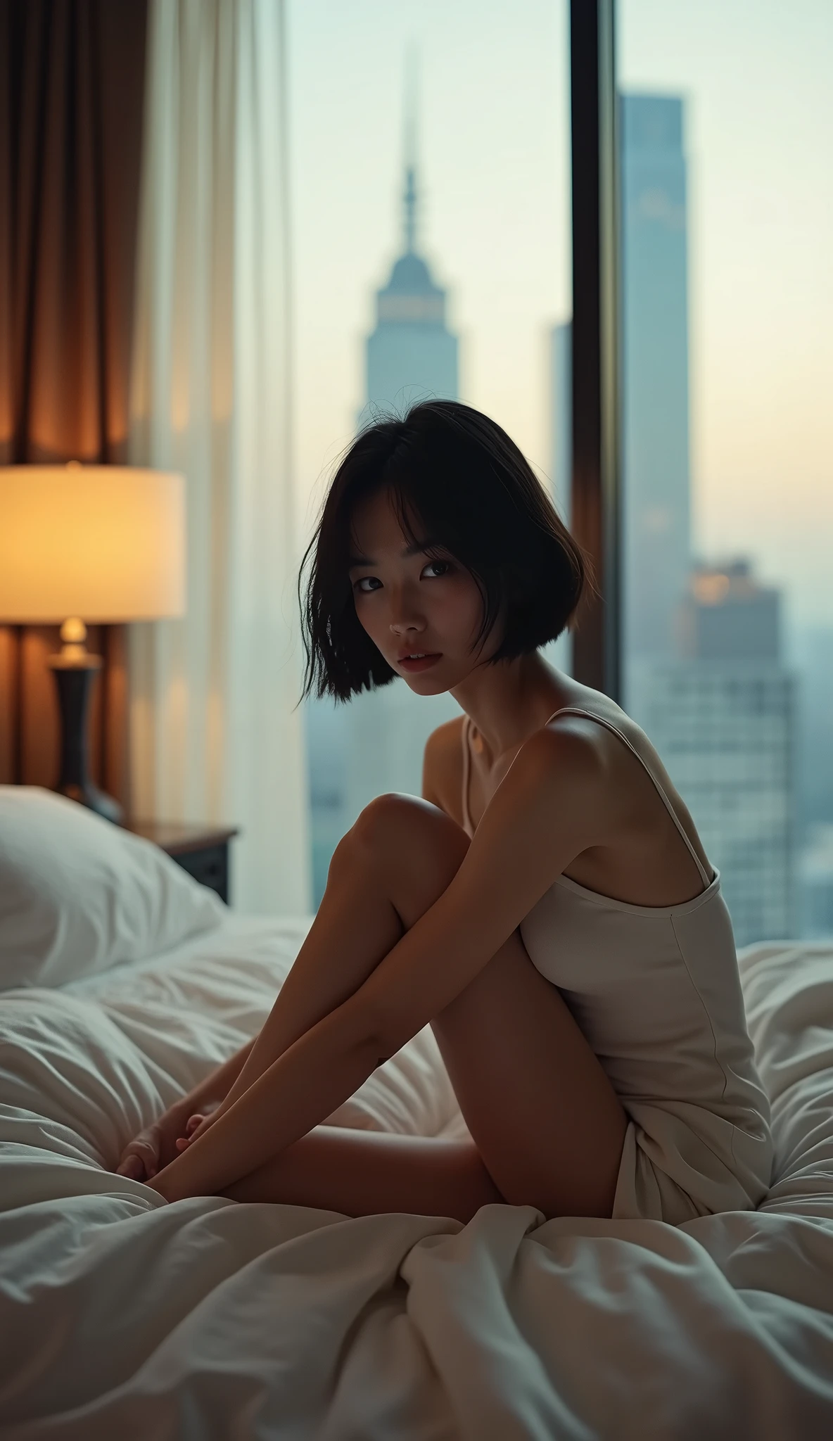 (Best quality, Japanese woman, 4, short black hair, (sitting on bed), luxury city hotel room, (elegant outfit:1.2), soft lighting)
