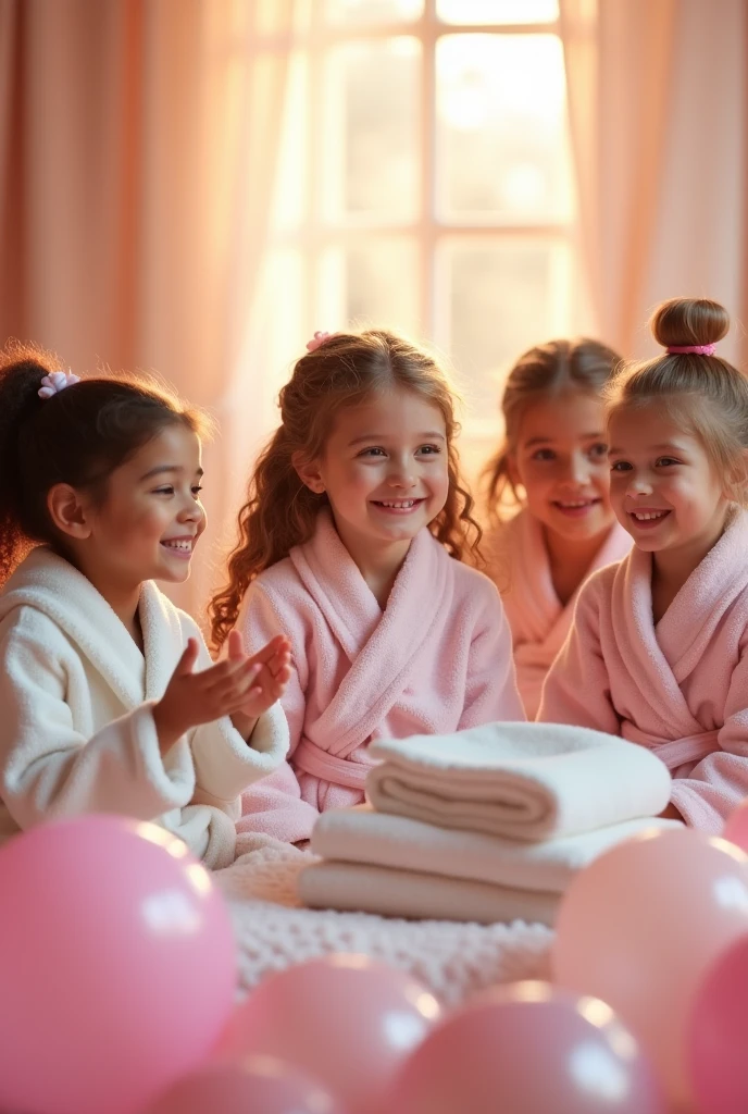 
spa birthday party  girls white and pink bathrobe  girls little girls balloon party girls  and dancing