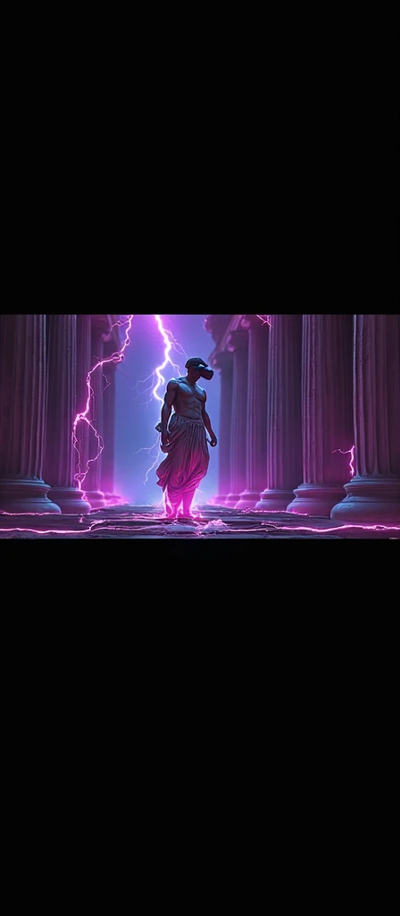 A hyper-realistic digital art of a Greek god-like figure wearing a virtual reality headset, standing in an ancient temple, surrounded by pillars, purple and pink lightning bolts crackling around, dramatic backlighting creating a neon halo effect, intricate details in the stone sculpture, futuristic and mythological fusion, high contrast, vivid colors, cinematic lighting, inspired by sci-fi and classical art, digital painting techniques, soft focus on the background, glowing elements --ar 16:9 --v 6.1