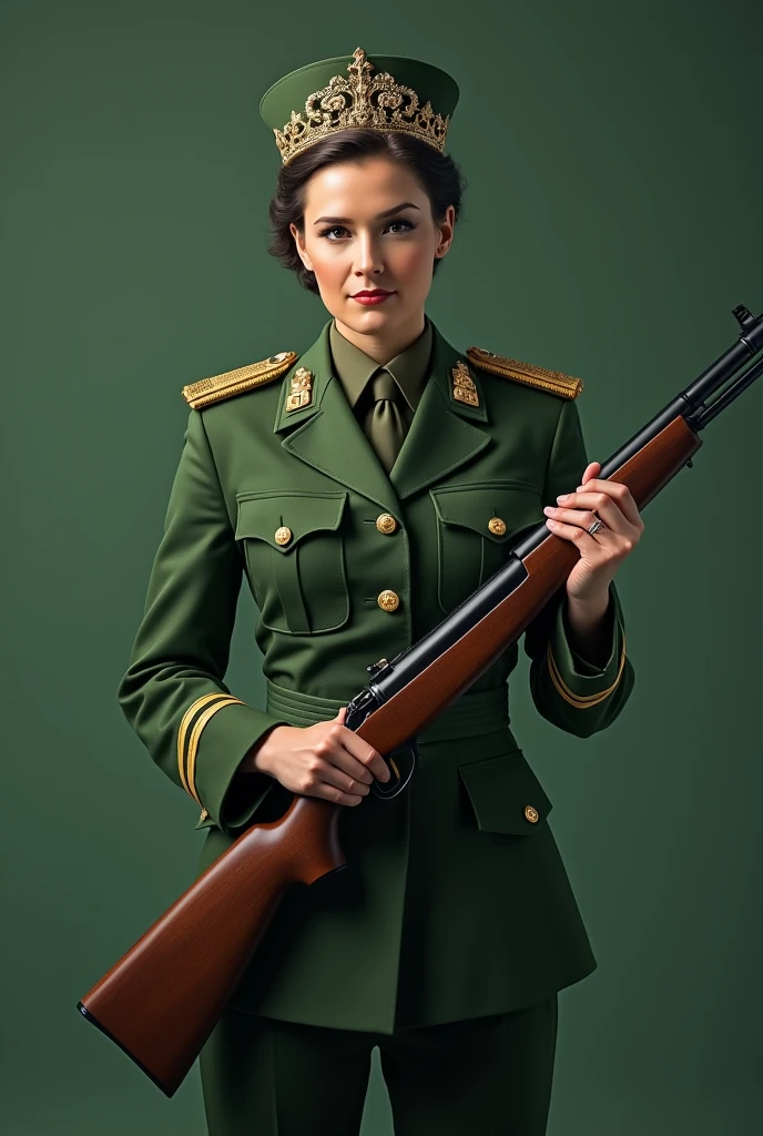 Full Front viewed, Military governor general standing with handed long shot gun, Female, King's crown on head , green uniform, plain green screen background