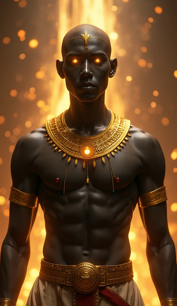 Design an image showing Atum’s influence on the creation of life with dark brown skin, golden eyes, and a youthful appearance with a clean-shaven head. Include traditional Egyptian aesthetics like hieroglyphs and gold accents in a cosmic setting. Atum should appear as a powerful figure initiating creation. Use masterpiece, best quality, CG, wallpaper, HDR, high quality, ultra detailed face, cinematic, high detail, 8k, raw, high, artstation HQ, unreal engine, octane renderer, 4k resolution, hyperrealistic, highly detailed, and absurdres settings