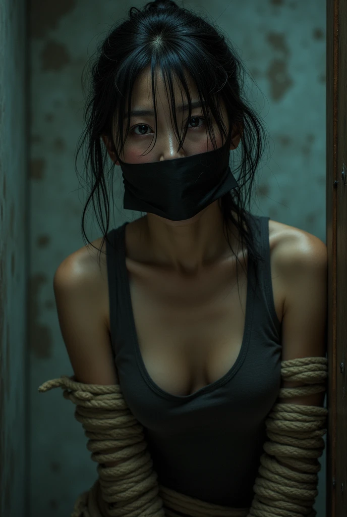 (Vietnamese female detective with her hands and feet tied and her mouth gagged with black tape 