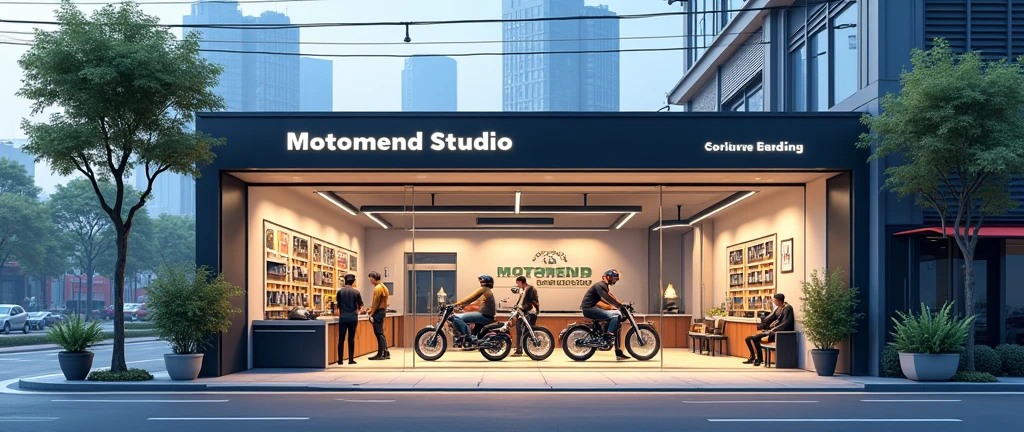 Generate a realistic, horizontally shop width lenthy more more expended part by part room 1 part Service point, 2 part waiting room, 3 part payment reciption same floor extended image of a one-floor bike servicing center named 'MotoMend Studio' in a roadside city area. The design should clearly show three sections: a service point with three mechanics working on bikes visible through a glass front, a customer waiting room with comfortable seating and customers waiting, and a reception area on one side. Also, include a corner with a showcase wall displaying parts, helmets, and engine oil. The center should be clean, organized, and modern. The exterior should feature a well-paved road, a few trees, and surrounding buildings, creating a lively city atmosphere. The 'MotoMend Studio' branding should be prominently displayed on the glass door and signage one floor and one side customer wait in sofa hand tea