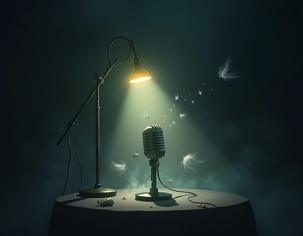 Make a dark room with a lamp above making it throw light towards the floor, the light reveals a microphone, Little ghosts and monsters come out of the microphone