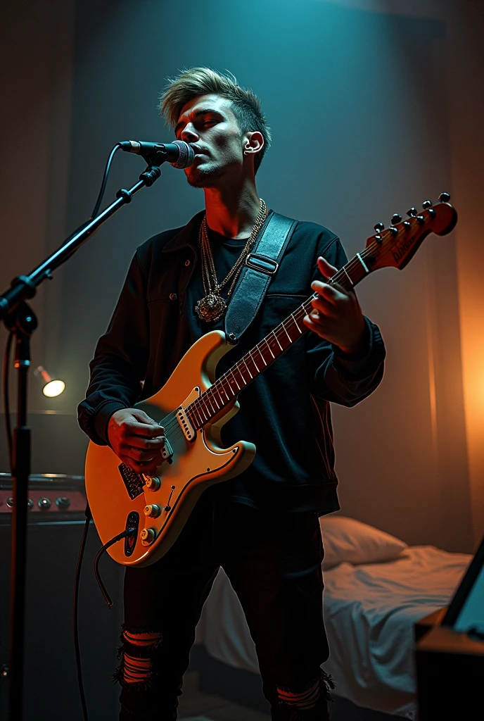 A rapper ,good looking,white
, rockstar,rock music,guitar electric in his room ,dark background ,on mic
