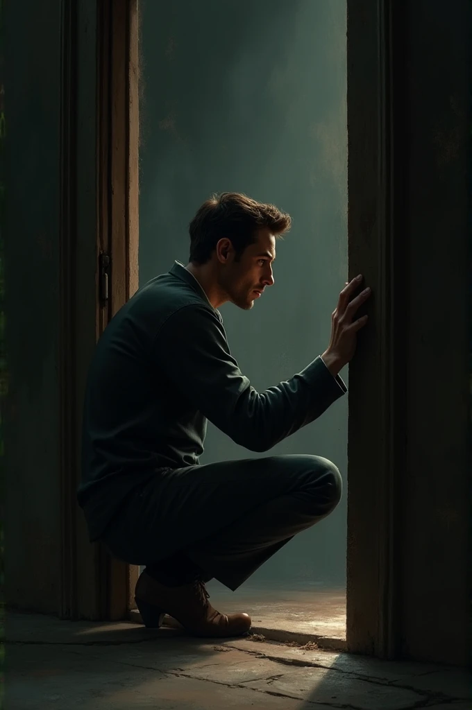A man behind a door in a squatting position talking