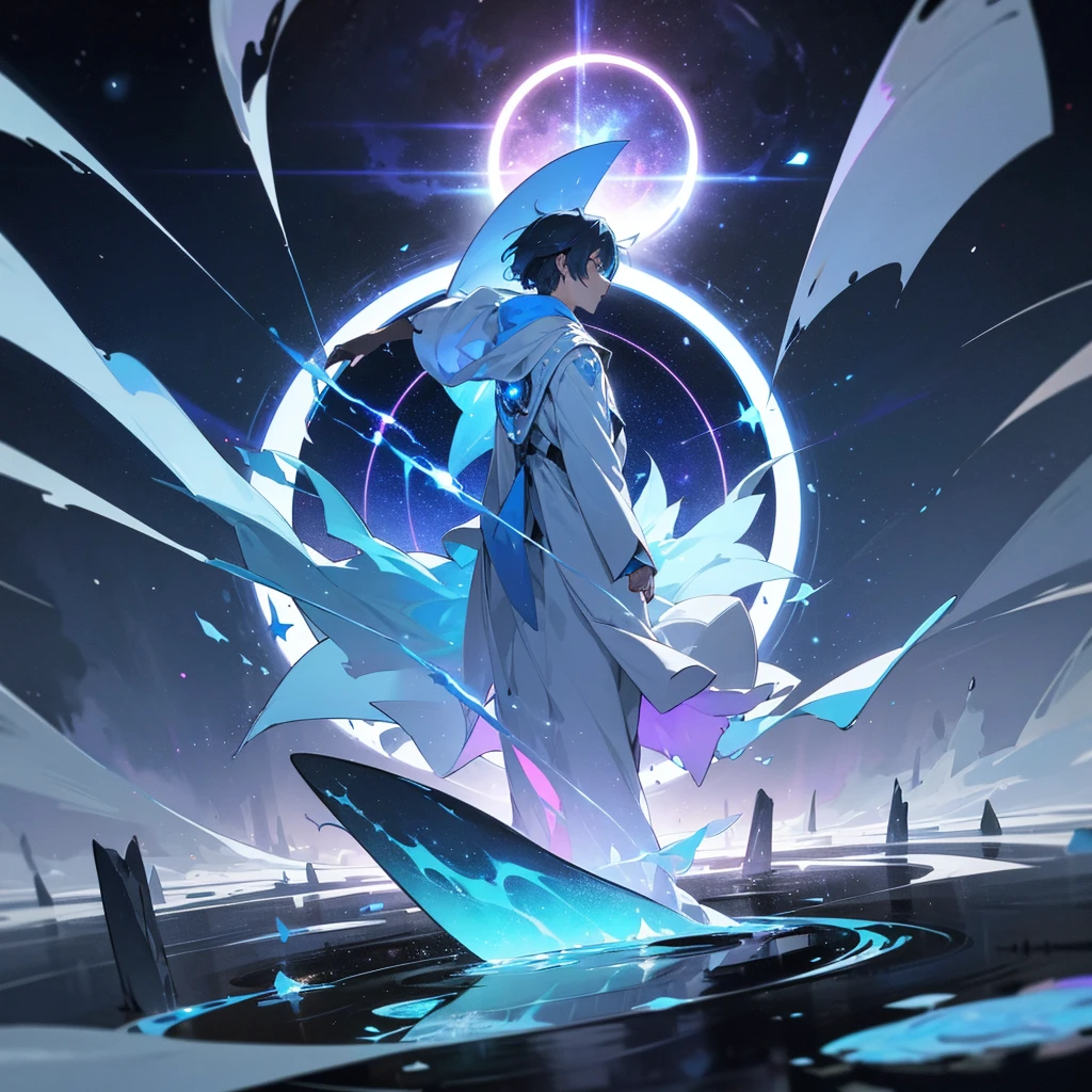 

"An ethereal figure with a cosmic, star-filled body standing in front of a glowing, shattered circular portal. The figure has a sleek, dark, and almost transparent form that appears like the night sky, filled with stars and galaxies. They are wearing a flowing, torn white robe that flutters around them, adding a sense of movement and otherworldliness. The portal behind them emits a bright blue and white light, and appears to be cracking apart, with fragments floating in the air. The scene is illuminated with a glowing circle of light on the ground beneath the figure, adding to the mystical atmosphere.