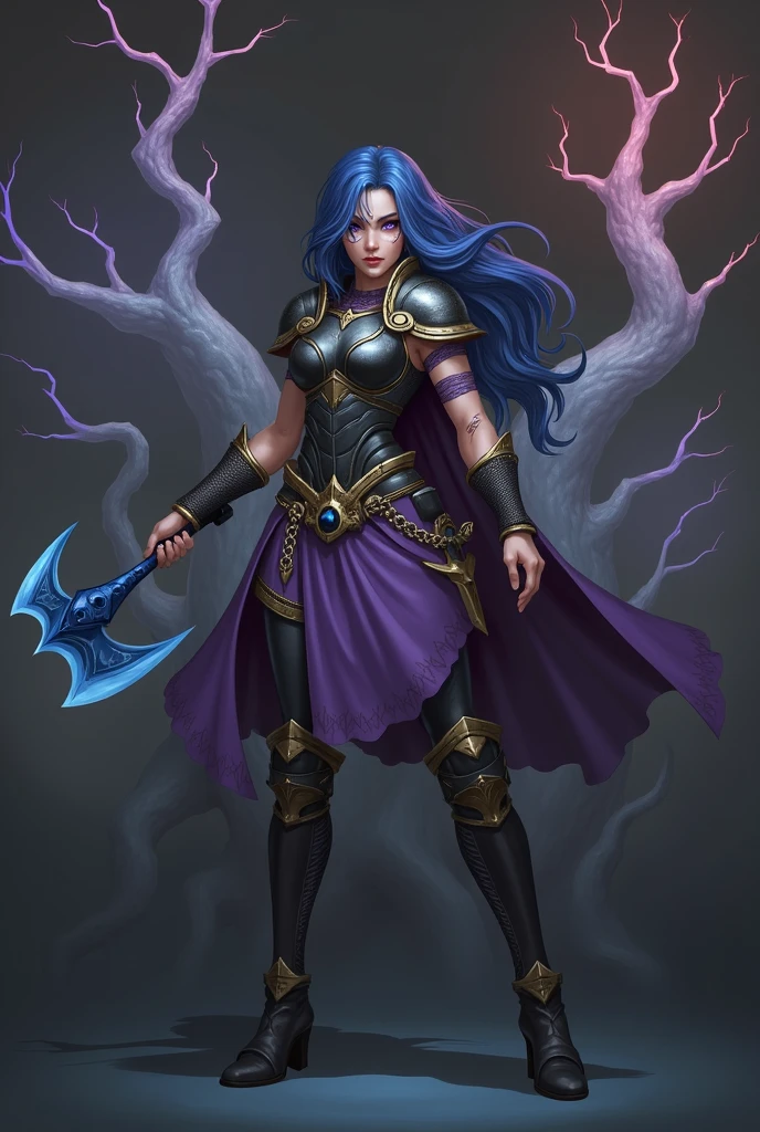 woman warrior, blue hair with iridescent highlights, purple eyes, Scars on the hands, black steel realistic chest plate, purple skirt, chainmail pants, shoulder pads, bandages on the wrists, blue poleax, black steel boots with gold plating, against the backdrop of trees made of ice, blue lightning, red lightning, purple lightning bolts, gloomy atmosphere