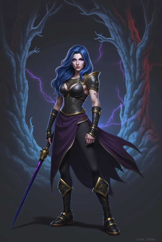 woman warrior, blue hair with iridescent highlights, purple eyes, Scars on the hands, black steel realistic chest plate, purple skirt, chainmail pants, shoulder pads, bandages on the wrists, blue poleax, black steel boots with gold plating, against the backdrop of trees made of ice, blue lightning, red lightning, purple lightning bolts, gloomy atmosphere