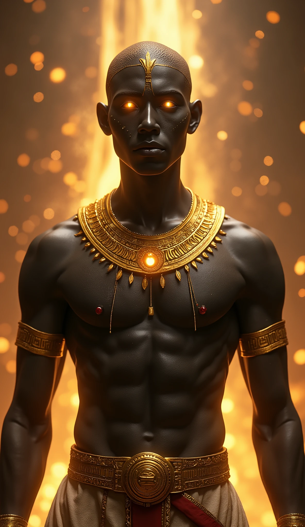 Design an image showing Atum’s influence on the creation of life with dark brown skin, golden eyes, and a youthful appearance with a clean-shaven head. Include traditional Egyptian aesthetics like hieroglyphs and gold accents in a cosmic setting. Atum should appear as a powerful figure initiating creation. Use masterpiece, best quality, CG, wallpaper, HDR, high quality, ultra detailed face, cinematic, high detail, 8k, raw, high, artstation HQ, unreal engine, octane renderer, 4k resolution, hyperrealistic, highly detailed, and absurdres settings