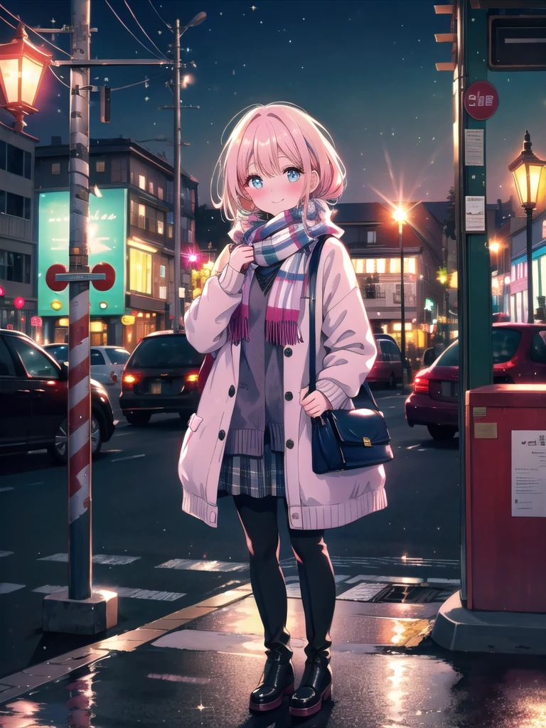 ((8k, Highest quality, masterpiece: 1.3)),Ultra-high resolution,(1 girl, alone), (Color changing eyes, Ultra-detailed, Expressive brilliance, Glitter, Glowing Eyes), Highly detailed eyes, Highly detailed face, Random Hair, ((pastel colour))A lovely woman standing at a bus stop, dressed in a warm, oversized sweater, leggings, and knee-high boots. The chilly evening air is evident by the slight blush on her cheeks as she wraps her scarf tighter around her neck. The streetlights cast a soft glow, illuminating the pavement and creating a cozy atmosphere. She’s holding her bag close to her side, her expression a mix of anticipation and mild impatience as she waits for the bus. She glances at the camera with a playful, knowing smile, as if she’s teasing her boyfriend for being late.