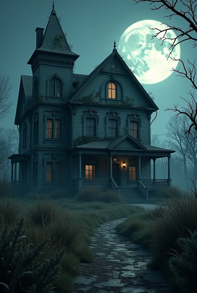 3D animation HD quality 
Scene 2: Old Mansion
Description: The focus shifts to an old, spooky mansion on the outskirts of the village. The mansion looks abandoned, with broken windows, overgrown vines, and an eerie atmosphere.

Visuals Prompt: A large, eerie old mansion with broken windows, overgrown ivy, and a creaky wooden door. The mansion looks abandoned and is surrounded by tall, wild grass. A full moon in the background adds to the spooky atmosphere.

