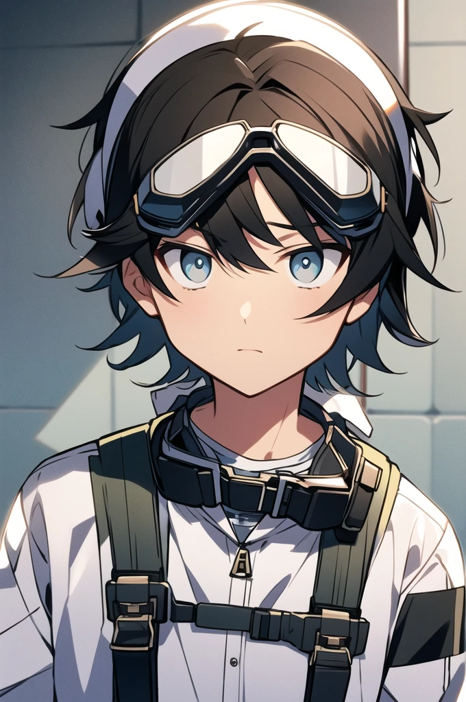 small、solo,Goggles hanging from his neck、Scientist、juvenile、Looking at me