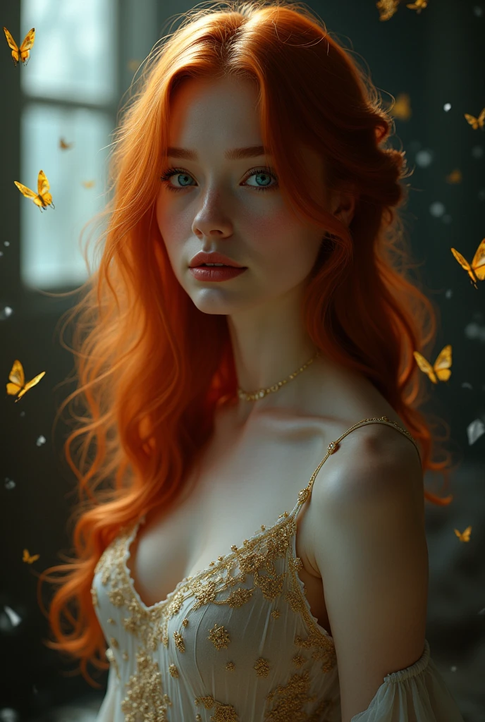 (solo, full body photo:1.3), (action packed:1.3), (haze, fog, mist:1.3), chiaroscuro, best quality, photorealistic, 1woman, (cute), (24yo:1.2), redhead, long ginger hair highly detailed, 1700'S, digital photography, art by artgerm and ruan jia and greg rutkowski surreal painting gold butterfly filigree, broken glass, (masterpiece, sidelighting, finely detailed Fashionable eyes: 1.2) (perfect oval large eyes that gazes at the viewer), beautiful detailed face, blue gorgeous perfect eyes, (blonde hair ponytail), (attractive young woman:1.3), (thick amazing hair), (seductive:1.1), (blushing:1.1)