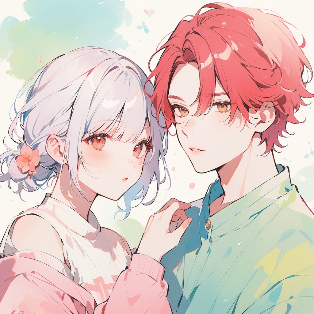 A red–haired girl and a white-haired boy Watercolor、pale colour、