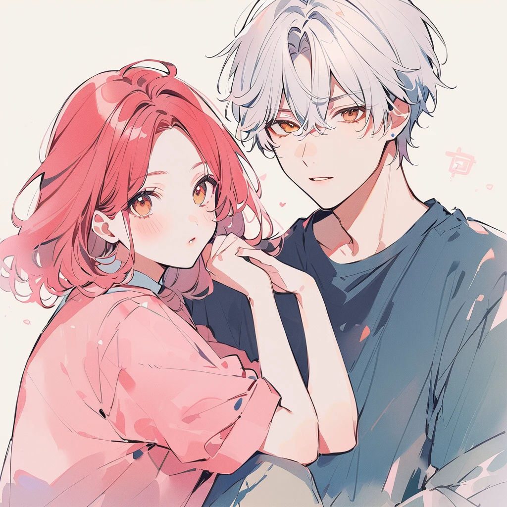 A red–haired girl and a white-haired boy Watercolor、pale colour、
