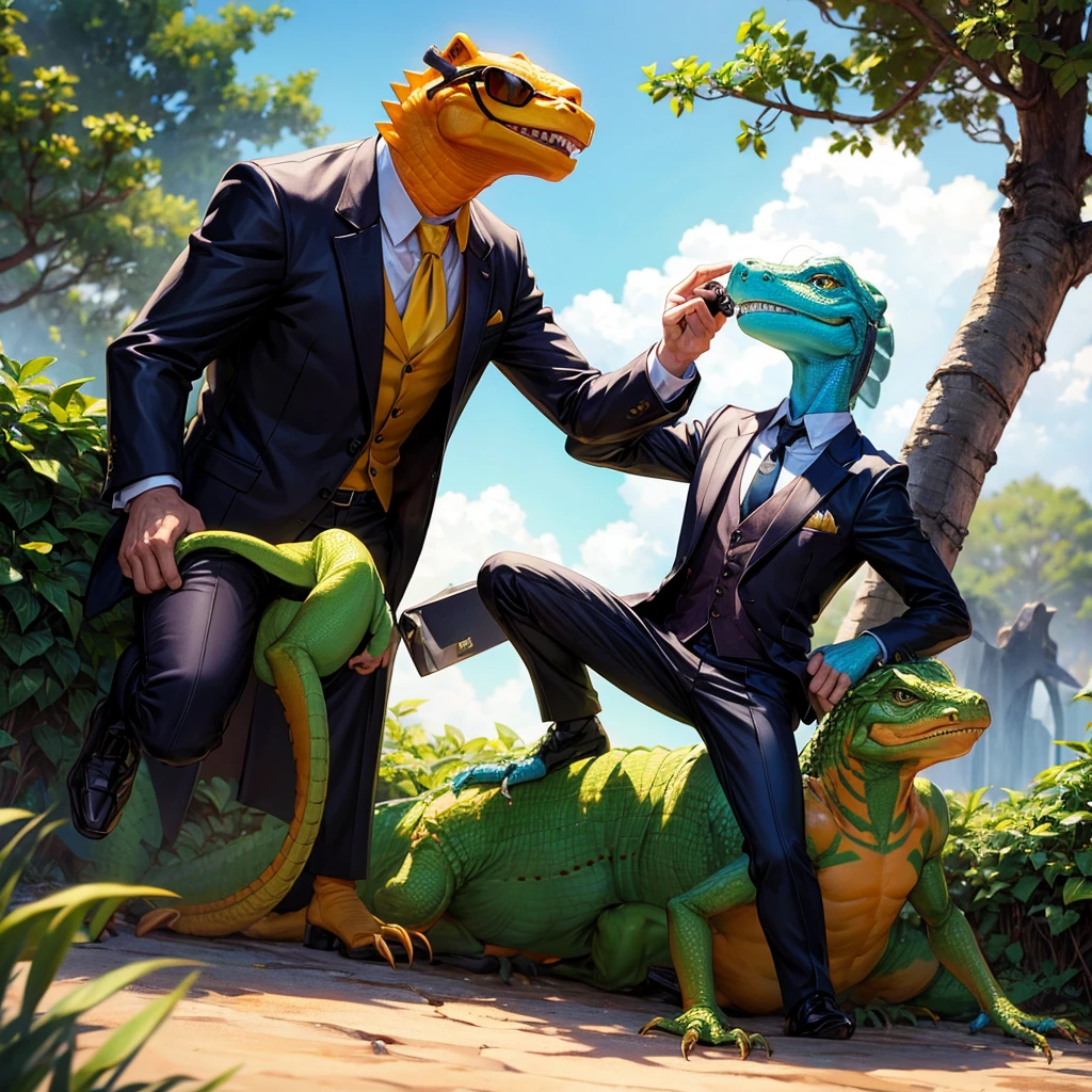 A lizzard with humanoid Body in a suit and sunglasses