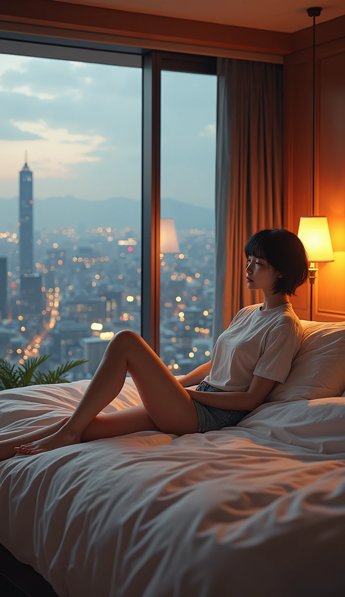 (1girl, Japanese, 4, short black hair, (casual wear), sitting on bed, luxury city hotel room, (cozy lighting:1.3))