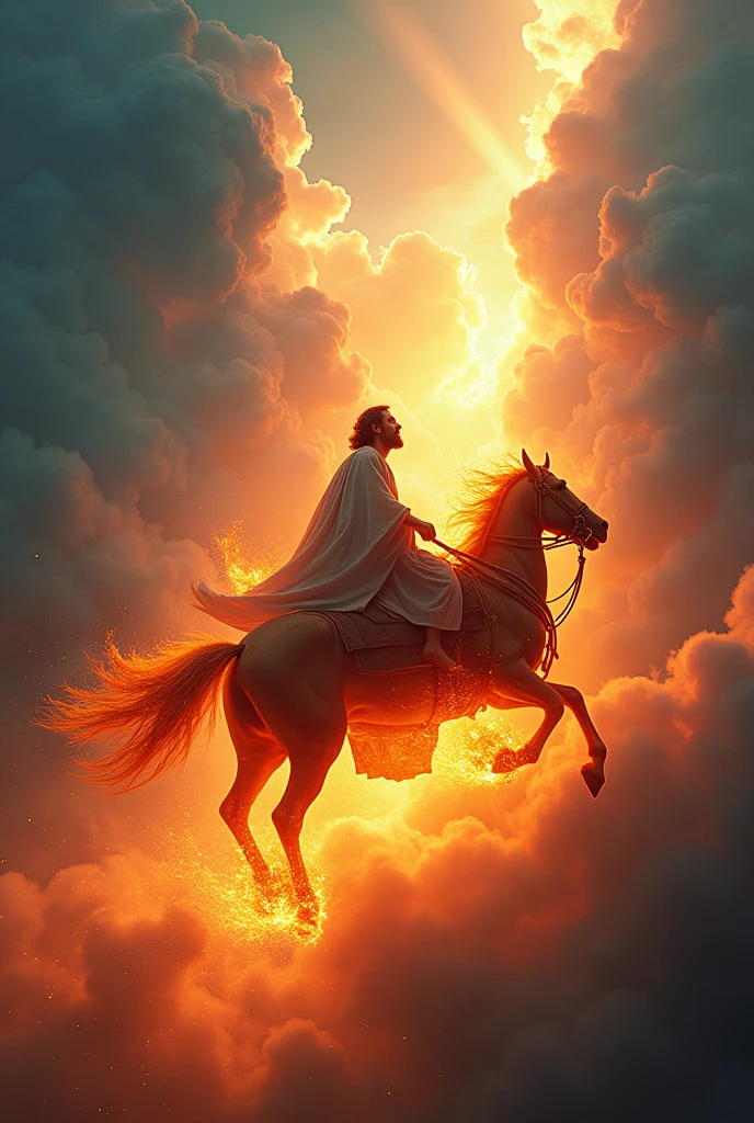 A captivating and visually stunning thumbnail for YouTube showing the prophet Elijah ascending to the heavens in a fiery chariot with horses. The scene is ultra-realistic, with dramatic contrast in the colors. The chariot and horses are ablaze with vibrant flames, surrounded by clouds with rays of divine light breaking through. Elijah is depicted with flowing robes as he ascends. The background includes a rich, deep blue sky with hints of orange and red from the flames, creating a strong contrast. Add an attractive and curiosity-inducing text overlay in bold, contrasting colors that draw attention. 8k