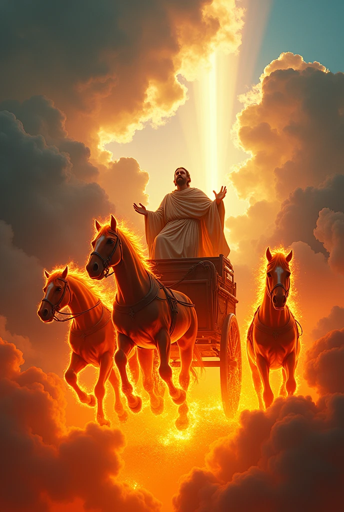 A captivating and visually stunning thumbnail for YouTube showing the prophet Elijah ascending to the heavens in a fiery chariot with horses. The scene is ultra-realistic, with dramatic contrast in the colors. The chariot and horses are ablaze with vibrant flames, surrounded by clouds with rays of divine light breaking through. Elijah is depicted with flowing robes as he ascends. The background includes a rich, deep blue sky with hints of orange and red from the flames, creating a strong contrast. Add an attractive and curiosity-inducing text overlay in bold, contrasting colors that draw attention. 8k
