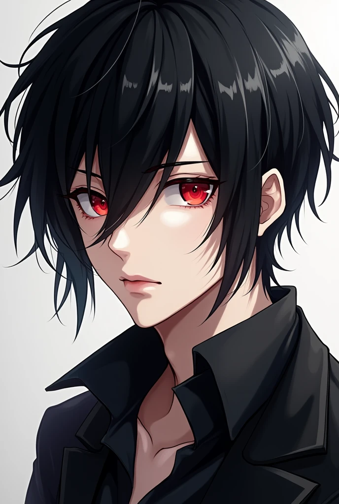 Beautiful man in drass black hair and red eye anime style only one person skin color white