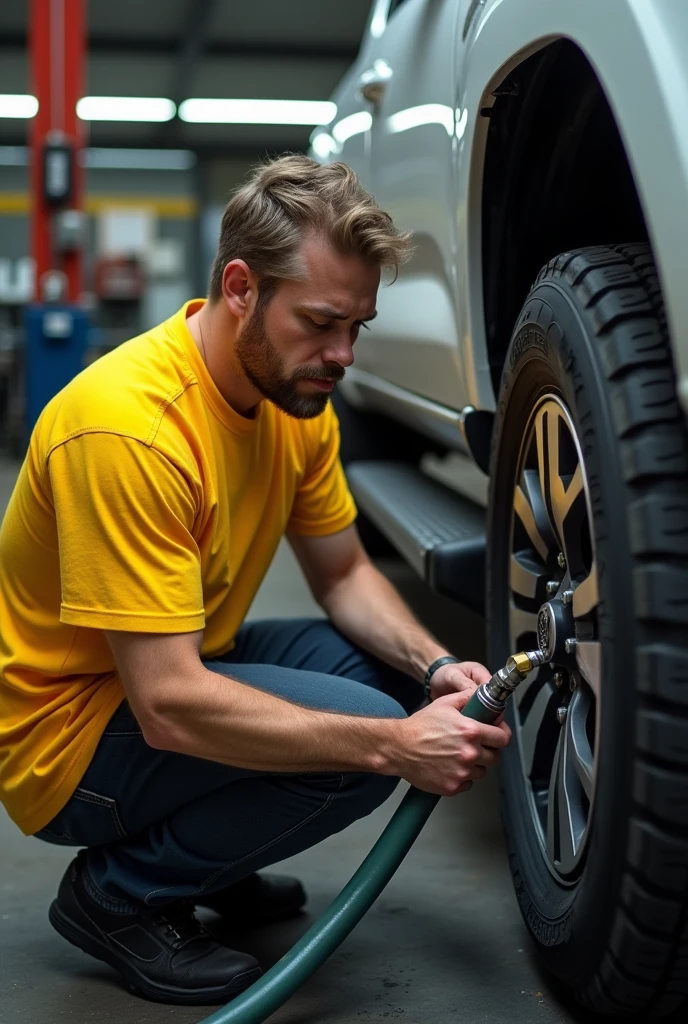 Calibrating tires with a hose and yellow t-shirt
