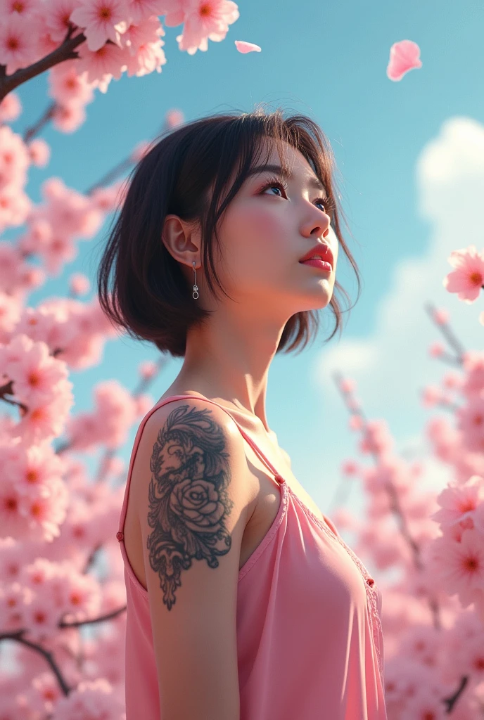 Girl , sakura , tattoo , sky, young ,tattoo on shoulder , tattoo, real