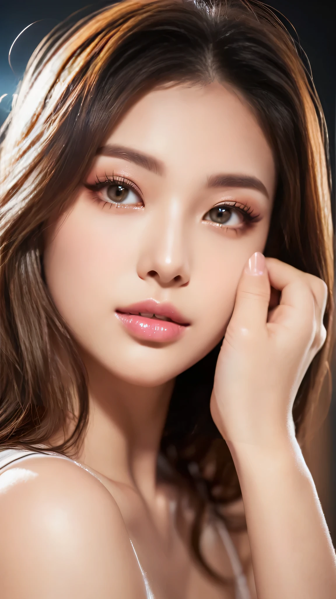 (8K, High resolution, High resolution), ((((photograph, RAWphotograph, Hyperrealism, masterpiece, Highest quality, ultra High resolution,Full body photography,Japanese)))), (Pin Light, Backlight, Backlight, Cinematic Light), Sharp focus:1. 4, (Hyper Detail, In detail), hull body shooting, close, 1 girl, Oval Face, big, Beautiful cat-like eyes, Cute Button Nose, Small and fairly full lips, Thick eyebrows and long, beautiful eyelashes. Transparent throughout makeup, Apply a touch of pink to your cheeks、Lip gloss makes it sparkle. Hairstyle: short golden hair.Nightclub.