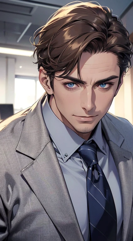 (best quality,4k,8k,highres,masterpiece:1.2),ultra-detailed,(realistic,photorealistic,photo-realistic:1.37),1 man,3,mature man,very handsome,without expression,smile,short grey brown hair,blue eyes,penetrating gaze,perfect face without errors,imposing posture,businessman,office background,cinematic lighting,hdr image