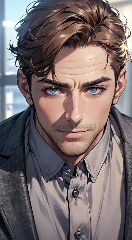 (best quality,4k,8k,highres,masterpiece:1.2),ultra-detailed,(realistic,photorealistic,photo-realistic:1.37),1 man,3,mature man,very handsome,without expression,smile,short grey brown hair,blue eyes,penetrating gaze,perfect face without errors,imposing posture,businessman,office background,cinematic lighting,hdr image