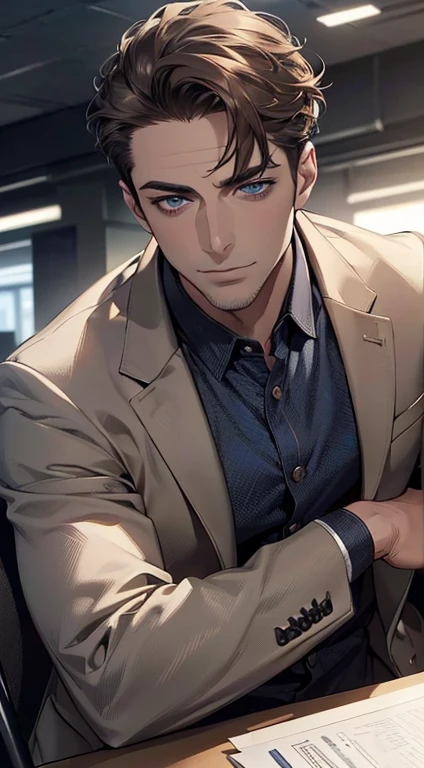 (best quality,4k,8k,highres,masterpiece:1.2),ultra-detailed,(realistic,photorealistic,photo-realistic:1.37),1 man,3,mature man,very handsome,without expression,smile,short grey brown hair,blue eyes,penetrating gaze,perfect face without errors,imposing posture,businessman,office background,cinematic lighting,hdr image