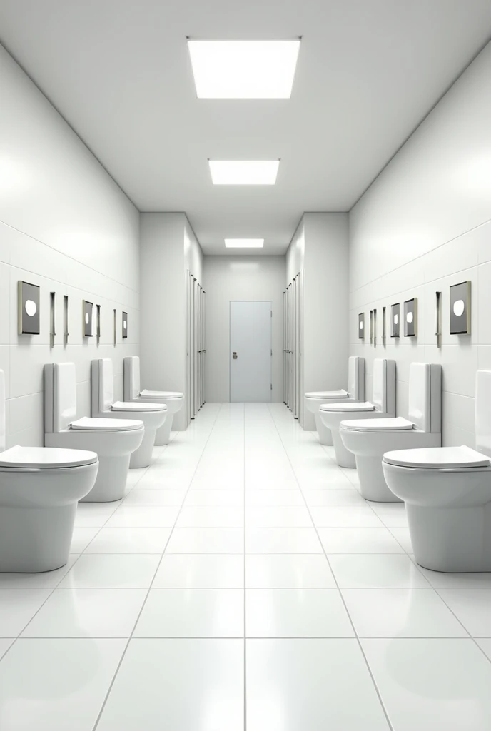 Show an image of a women's bathroom with 10 toilets, 2 shows and 6 sinks.