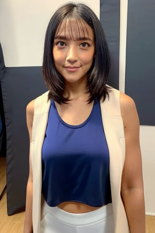 1girl, beautiful woman pink tank top jacket、Pink Panties, skinny, perfect body, defined abs, gold hair, standing in a white wall photography studio, ultra-detailed face, beautiful eyes, beautiful lips, double eyelids, shy smile, trimmed bangs, sun-kissed skin, hint of pubic hair, (best quality, 8k, masterpiece:1.3), frontal and full-body shot, pussy line, front facing, open legs