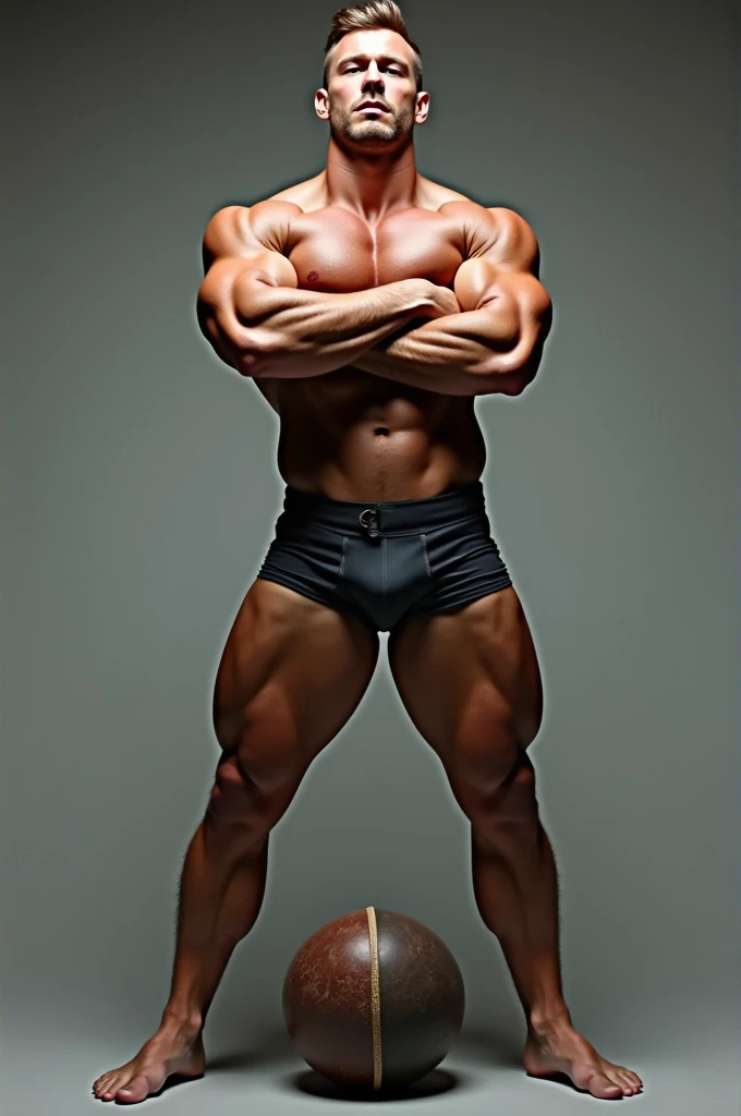 A muscular man pose standing on a ball and crossing his arms.