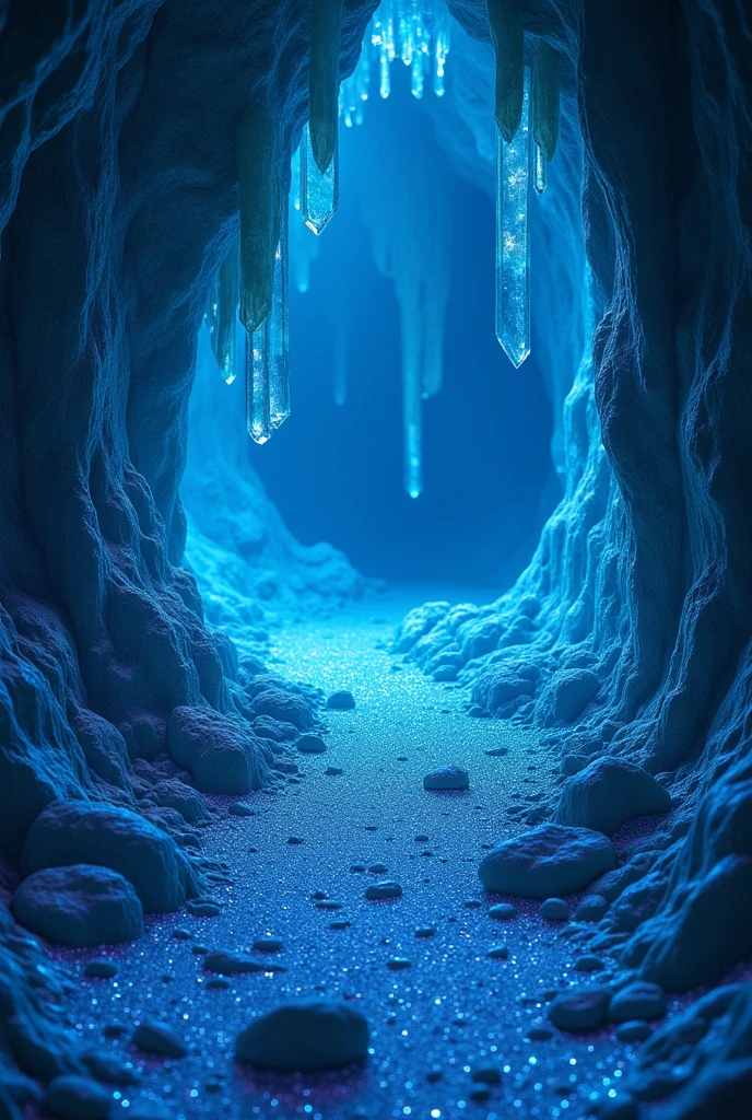 a cave glowing with a blue glow, reflecting the light from crystals embedded throughout its entire length. The floor was covered with a carpet of tiny, sparkling stones., that seemed to sparkle in the light.
