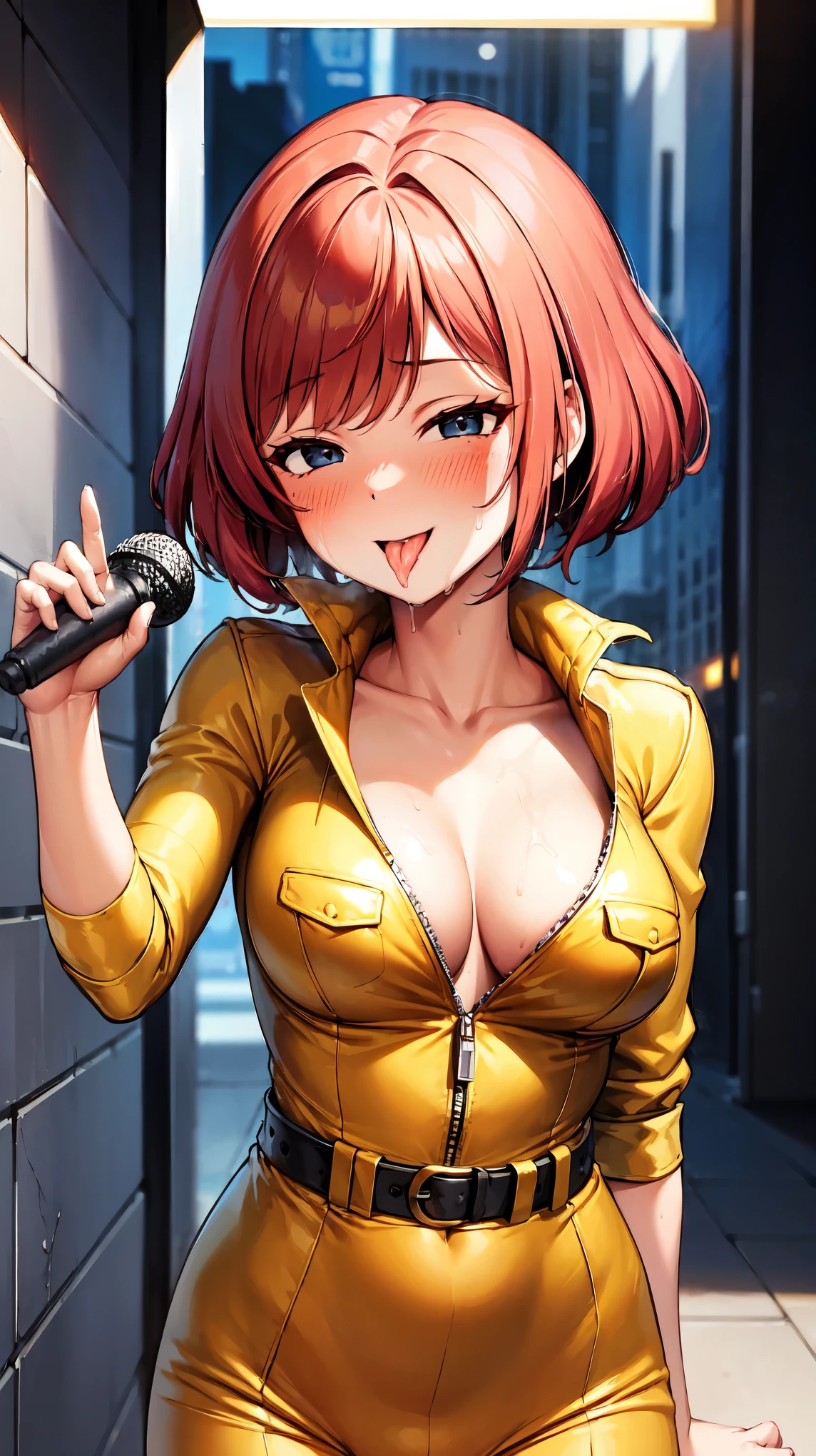 ((super high quality,Ultra-high resolution,16K,super masterpiece,Ultra HD ,Detailed shading,))A dimly lit park at night,Sexy woman,Cleavage,Yellow jumpsuit,White belt at waist,popped Tight collar,smile,blush,Sweaty,holding a microphone in his hand,Licking the microphone,A small amount of drooling,Love juice overflows from the crotch,