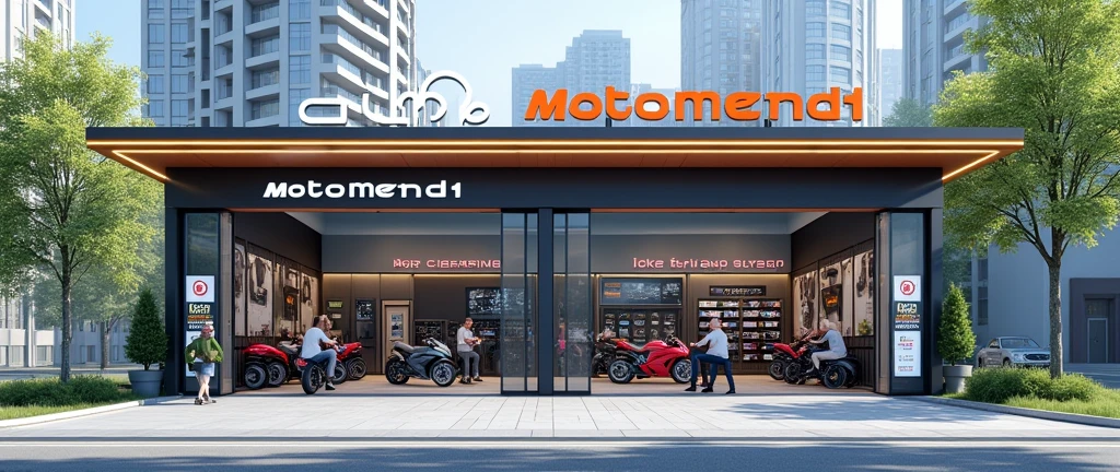 Generate a realistic, horizontally shop width lenthy more more expended part by part room 1 part Service point, 2 part waiting room, 3 part payment reciption same floor extended image of a one-floor bike servicing center named 'MotoMend Studio' in a roadside city area. The design should clearly show three sections: a service point with three mechanics working on bikes visible through a glass front, a customer waiting room with comfortable seating and customers waiting, and a reception area on one side. Also, include a corner with a showcase wall displaying parts, helmets, and engine oil. The center should be clean, organized, and modern. The exterior should feature a well-paved road, a few trees, and surrounding buildings, creating a lively city atmosphere. The 'MotoMend Studio' branding should be prominently displayed on the glass door and signage one floor and one side customer wait in sofa hand tea