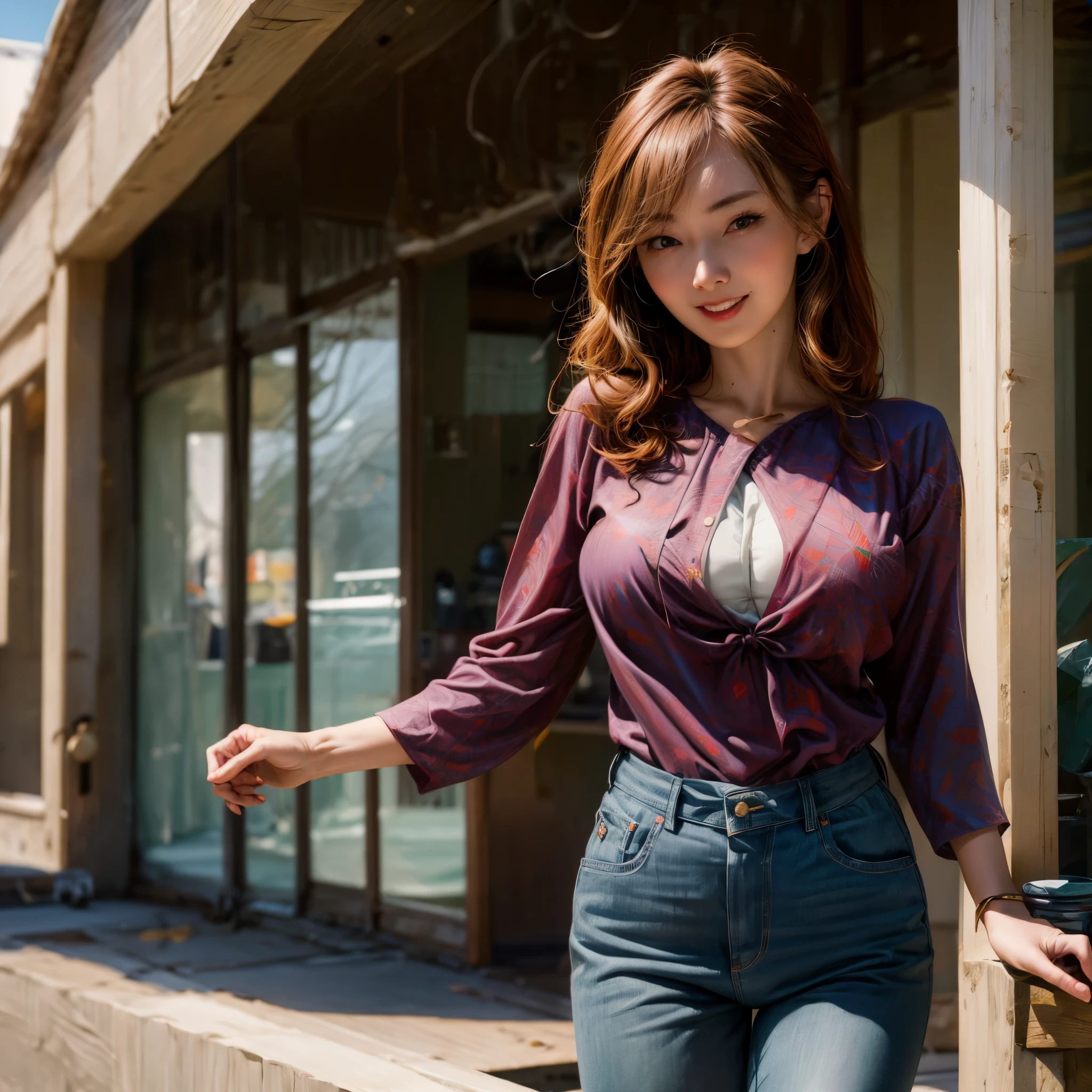 (best quality,4k,8k,highres,masterpiece:1.2),ultra-detailed, 3 Japanese woman, gyaru, five foot five inches tall, ginger colored hair, mole by her left eye, blue button up blouse, maroon jeans, large swollen breasts, wide hips, dancing around mid-western suburban american house, seductive pose, smiling lustfully, looking at viewer lovingly, HDR, 8k, absurdres, cinestill 800, sharp focus, add_detail:2